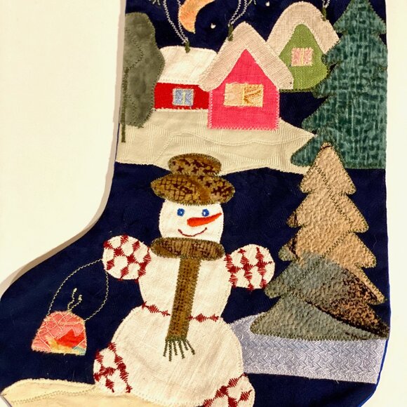 Vintage Handmade Christmas‎ Stocking with Snowman Scene, Upcycled Fabric - Picture 3 of 8